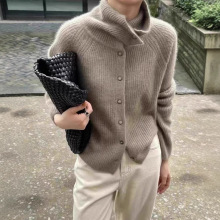 欧洲站慵懒风纯羊毛开衫女立领宽松上衣加厚羊绒针织高领毛衣外套