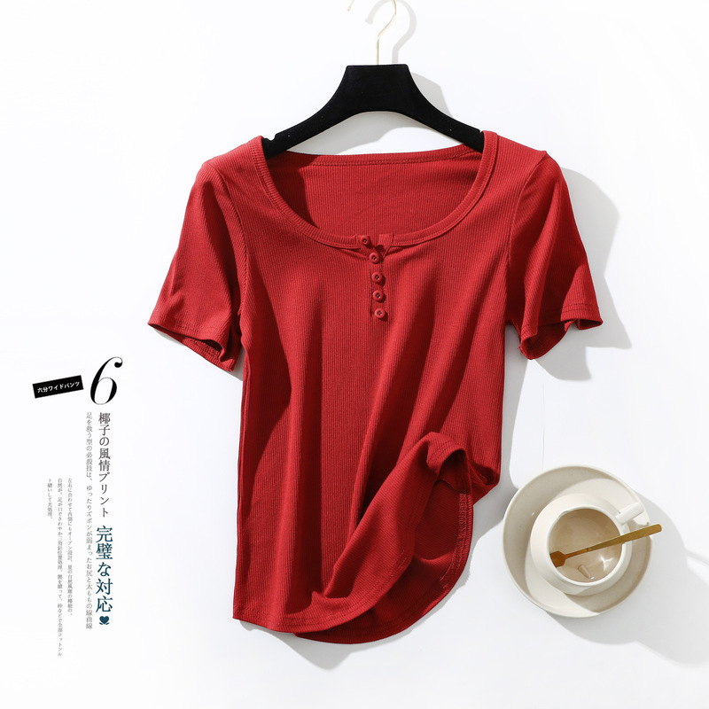 Summer New Style Ribbed Cotton Button Round Neck Short-Sleeve T-Shirt for Women, Solid Color, Slim Fit, Flattering Base Shirt Top Summer New Style Ribbed Cotton Button Round Neck Short-Sleeve T-Shirt for Women, Solid Color, Slim Fit, Flattering Base Shirt Top
