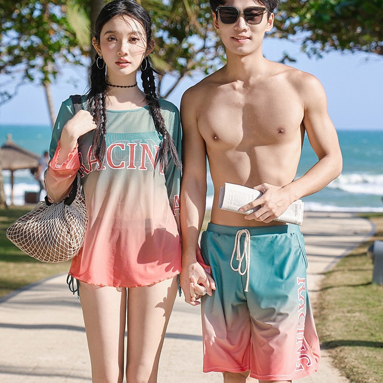 Couple Swimwear Women's High-end Sense Printed Split Boxers Three-piece Set Slim Look Belly Covering Fashionable Beach Trunks Swimming Trunks for Men
