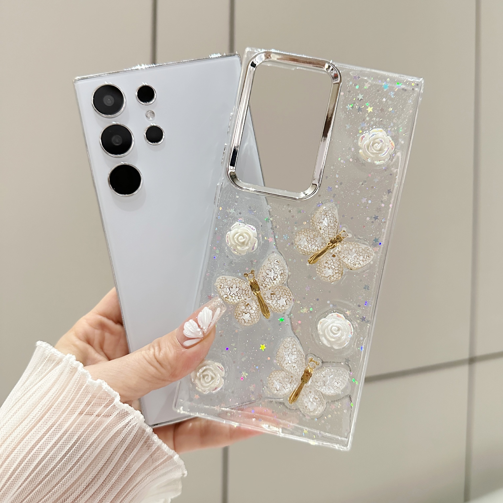 Ins Style White Rose Gold Butterfly S25Ultra Mobile Phone Case Suitable for Samsung S25 Transparent S24Fe Protective Cover S20 Female