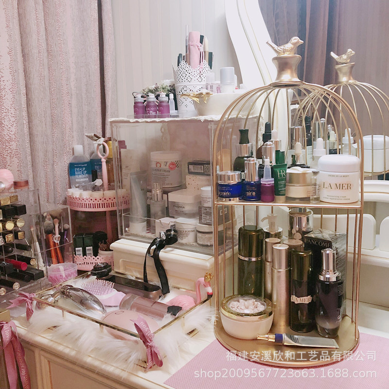 Ins cosméticos estante de almacenamiento jaula de pájaros de hierro forjado estante de escritorio estante de aparador estante de acabado de cuidado de la piel caja de almacenamiento de lápiz labial