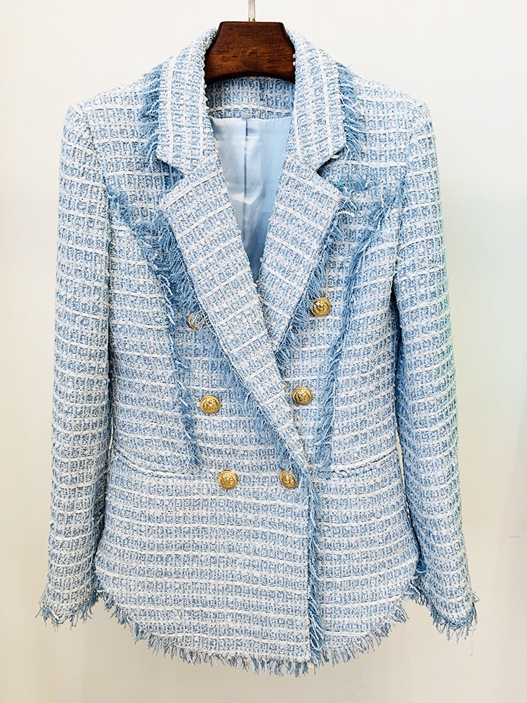 Giacca da abito di media lunghezza in tweed con bordo fluido doppiopetto autunno e inverno da donna_voghion.com