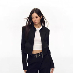 美式辣妹黑色短款外套女秋季2025新款修身高级感立领夹克长袖上衣