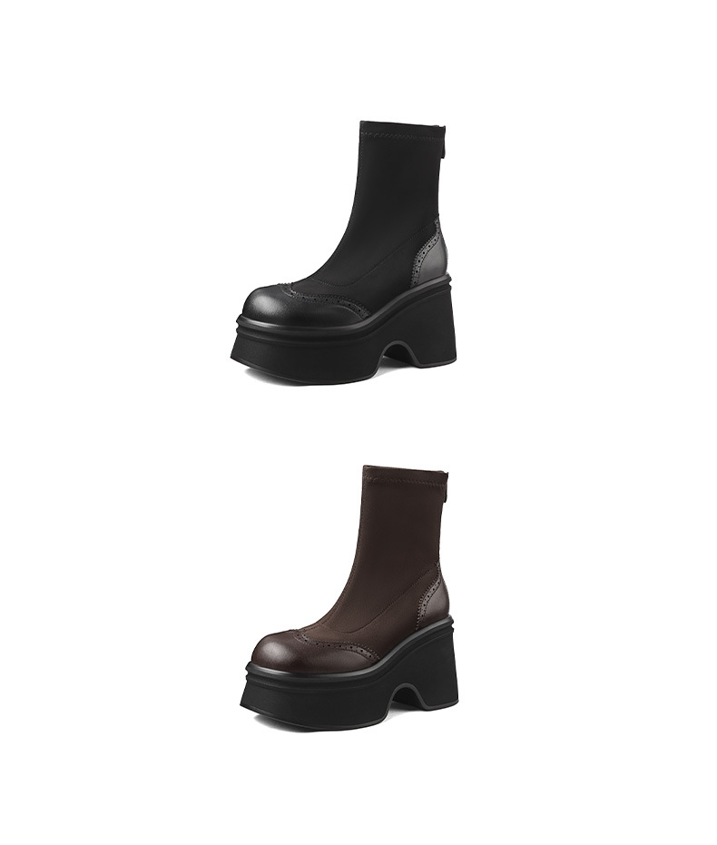 Boot nữ mùa thu đông 2025 đế dày tăng chiều cao, dáng ngắn phối da lộn và da bóng, gót 6 cm — đen, nâu sẫm chi tiết 14
