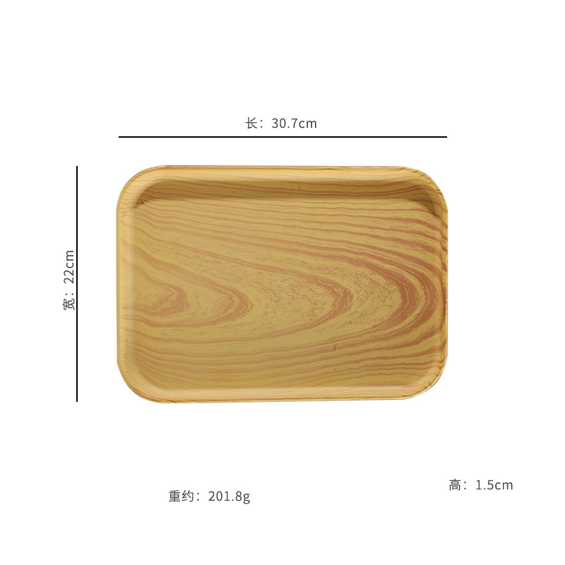 Bandeja de plástico, bandeja de té, rectangular, hogar, sala de estar, plato de almacenamiento de bocadillos de frutas, plato de comedor de grano de madera de imitación al por mayor