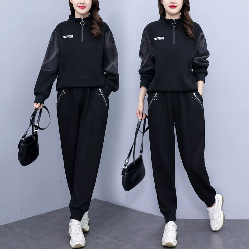 Winter set, fleece denim sweatshirt, plus size, increased thickness