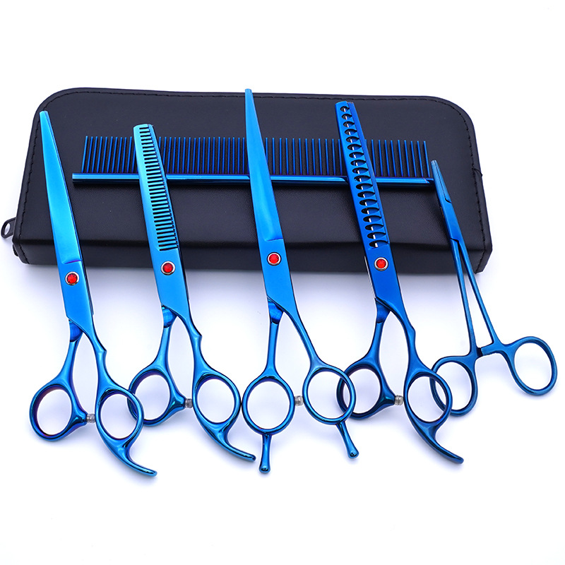 Fabricante de juegos de tijeras para mascotas, tijeras de peluquería canina al por mayor de 7 pulgadas, suministros morados para perros.