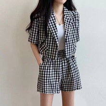2024新款韩版复古格子短袖小西服外套+花苞高腰显瘦阔腿裤两件套