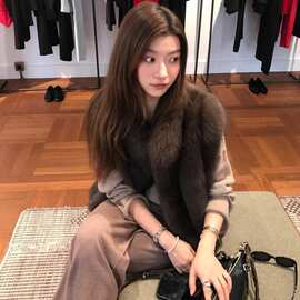 冬季短款韩版时髦叠穿芬兰仿蓝狐背毛立领竖排狐狸毛皮草马甲均码