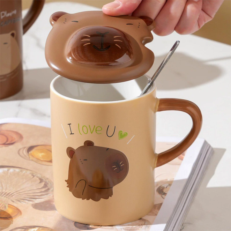 Керамическая кружка с крышкой Cute Capybara Mark, 400 мл, для офиса и дома