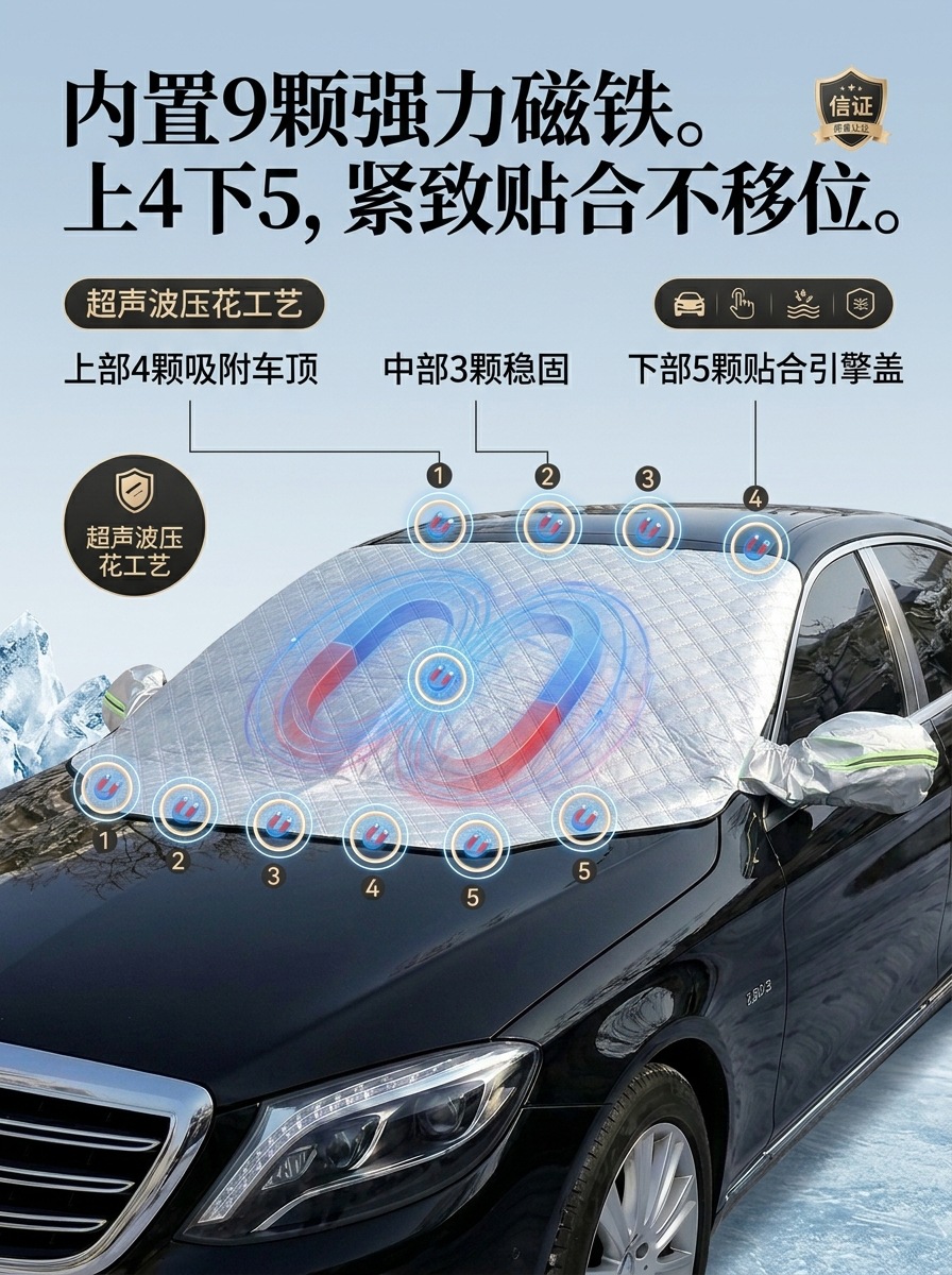 Car snow cover for front windshield, thickened magnetic sunshade, winter anti-freeze and anti-frost half-cover car cover