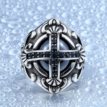 钢铁战士饰品 欧美复古戒指 霸气个性男士钛钢十字架镶锆石指环