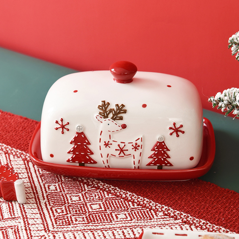 Costura nórdica Santa Claus plato de mantequilla de cerámica decoración platos de postres platos de platos de mantequilla decoración de comida occidental