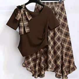 女童夏季套装不规则短袖薄款上衣格纹半身裙中大童女孩时尚两件套