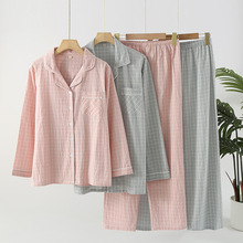 新款日系情侣格子长袖长裤睡衣套装春秋季水洗棉薄款大码宽松家居