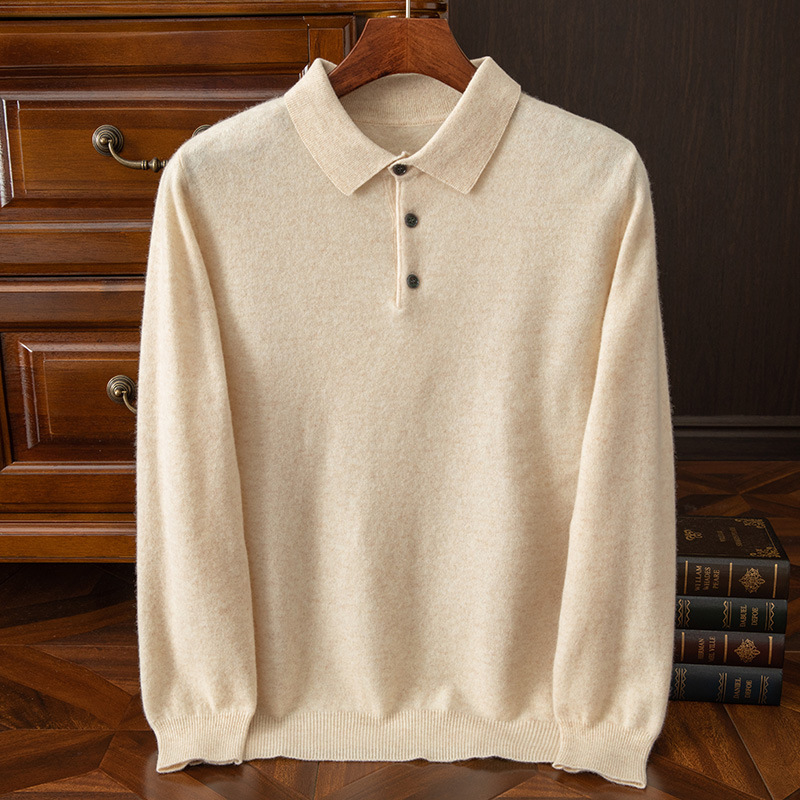 Autumn and Winter 100 Woolen Knitwear Men's Polo Collar Knitwear Loose Lapel Cashmere Knitwear Long-Sleeved T-Shirt Knitwear for Men