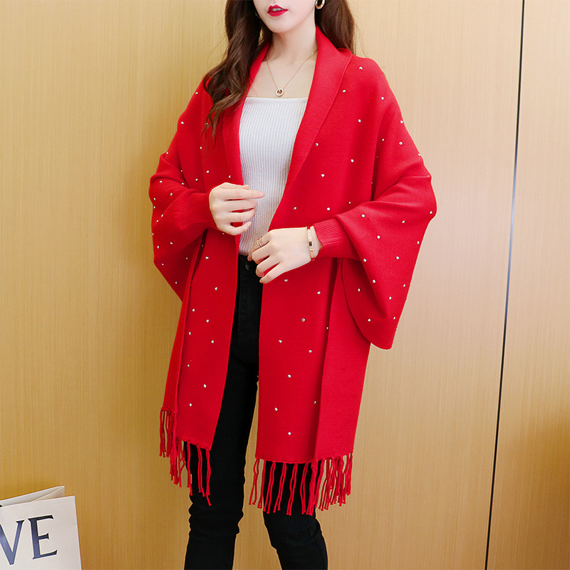 Damen Strickjacke in Übergröße, Cape mit Fledermausärmeln, Fransen und Ärmeln_voghion.com
