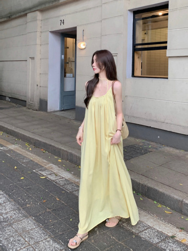 Original Version Style: Seaside Vacation Style Yellow Strap Dress for Women Summer Loose Casual Beach Dress Fairy