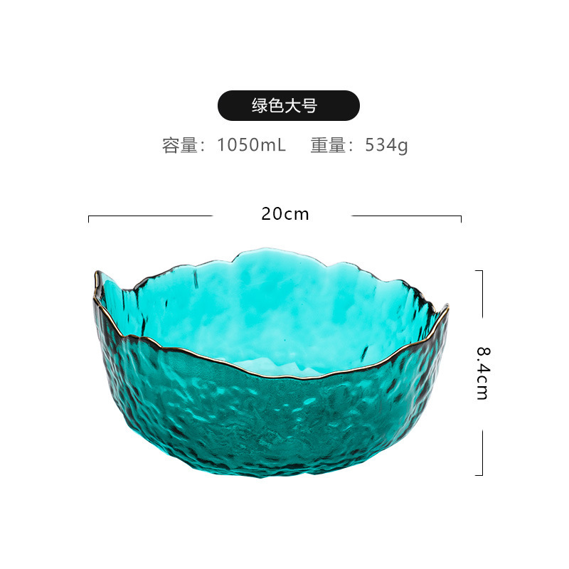 Venta al por mayor estilo nórdico patrón de martillo transparente borde dorado ensaladera de vidrio hogar plato de fruta de postre de alto aspecto vegetal