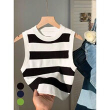 L 48600 Knitted Vest Round Neck Short Top ��֯Բ�챳��