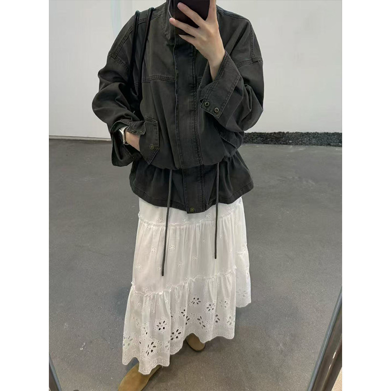 American Retro Style Stand-Collar Short Jacket for Women, Spring and Autumn Design, Loose-Fitting Waist-Cinching Jacket, High-End Fashionable Outerwear