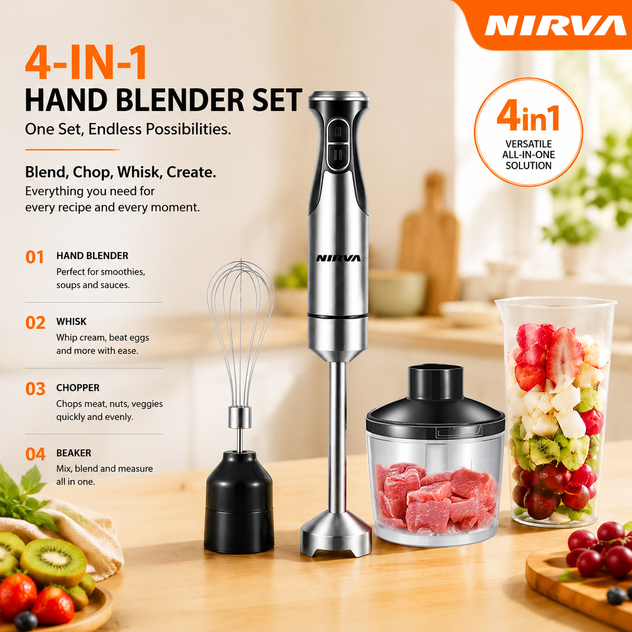 Nirva Crossborder 4in1 Avrupa-Amerika Standardı 500W Blender Mutfak Şefi Makinesi Karıştırıcı Çubuk Doğrayıcı Ette Kıyma Makinesi