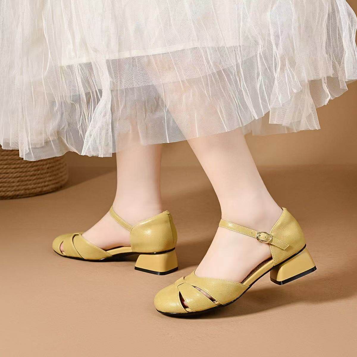 Sandal nữ da thật mũi kín gót thấp đế mềm phong cách cơ bản — màu đen chi tiết 7