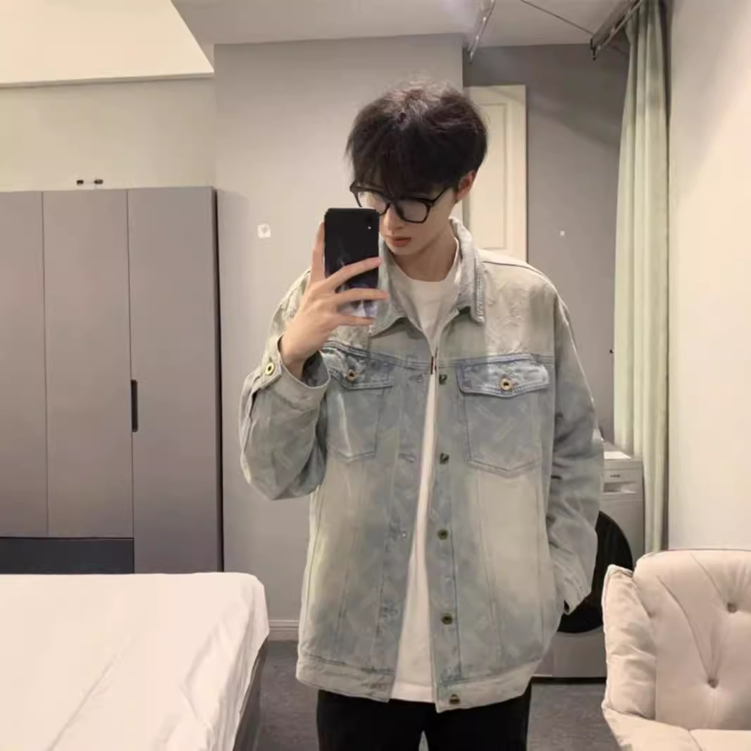 light blue Denim Jacket Men's Spring and Autumn American Style High Street Work Jacket High-grade Sense Youth Lapel Denim Jacket