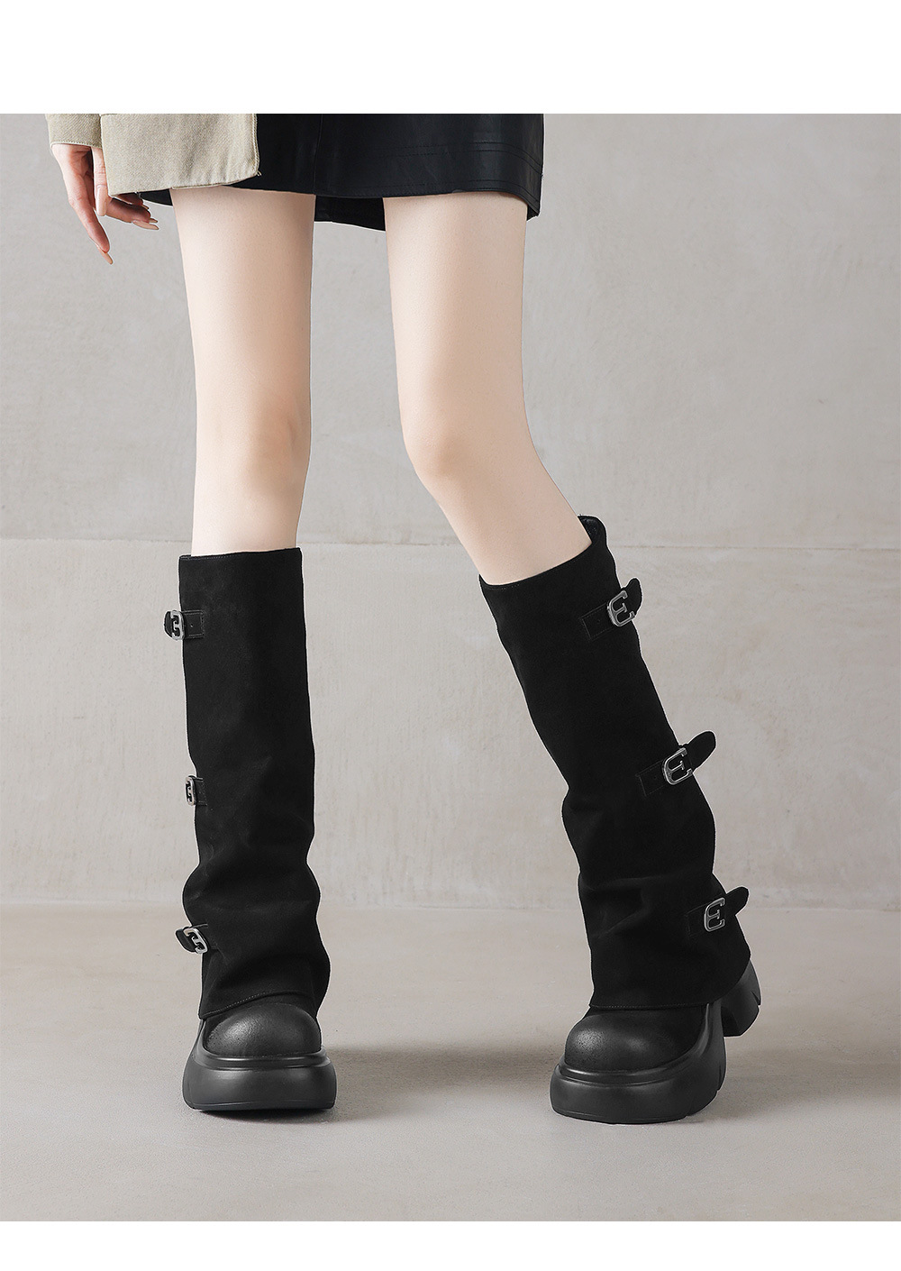 Boot nữ da lộn đế dày phong cách biker, gót platform 5 cm — màu đen chi tiết 6