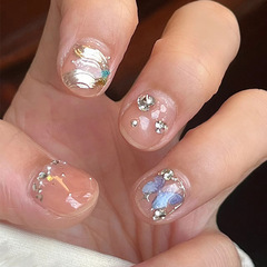 秋冬藍色小蝴蝶穿戴甲爆閃千金裸色短甲碎鑽美甲貼片假指甲可拆卸