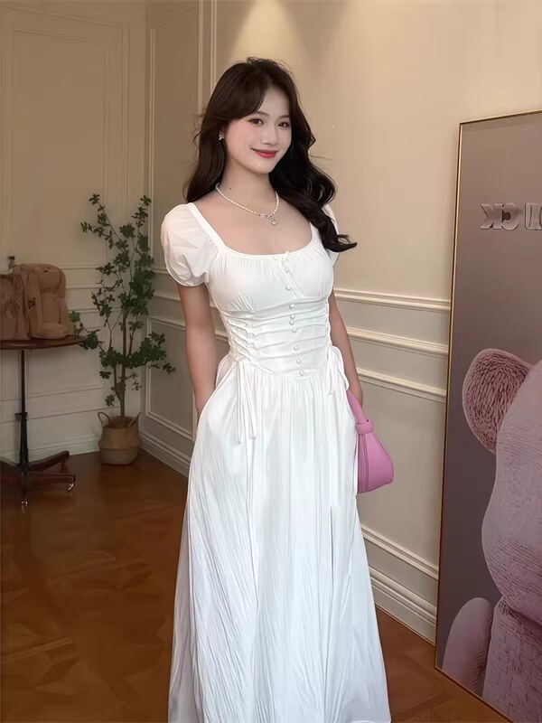 French-Style Elegant and Gentle Style Slimming Waist-Cinching Dress for Women, New Summer Collection, Tie-Neck Square Collar, Slim-Fit A-Line Long Dress