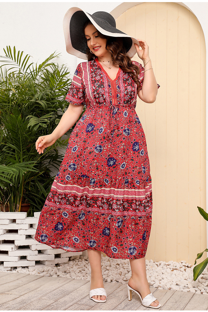Swing Dress Ethnic Style V Neck Patchwork Straps Lace Short Sleeve Ditsy Floral Maxi Long Dress Daily display picture 6