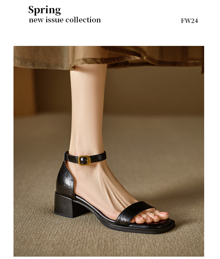Sandal quai ngang nữ gót thô da thật kiểu Pháp, đế mềm hở ngón — Màu đen, Màu trắng be chi tiết 15