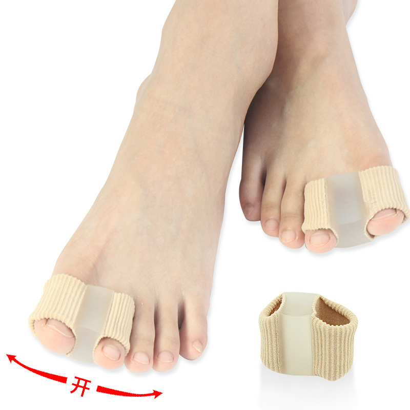 Shoe with new gel fiber toe corrector for bunions, split-toe device with dual holes, toe shaping orthosis, painless.