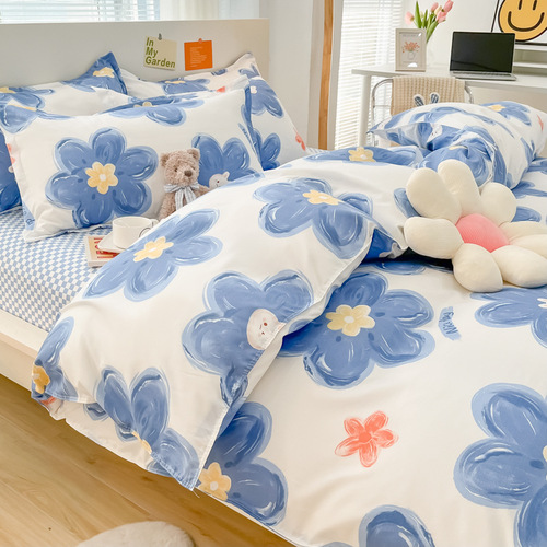 Lemon Fresh Aloe Cotton Soft Flannel Quilt Set for Dormitory Three-Piece Gift Set Bed Sheet and Duvet Cover Bedding Wholesale