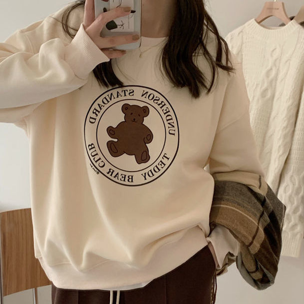 Bear Print Round Neck Apricot Sweatshirt for Women Fleece-Lined Autumn and Winter New Couple Pullover Top Men and Women Same Style Class Uniform Trend