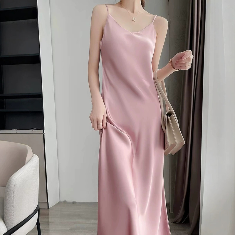 Acetate Satin Long Slip Dress for Women, Spring French-Style Sexy Silk Dress Paired with a Blazer, High-End Feel Acetate Satin Long Slip Dress for Women, Spring French-Style Sexy Silk Dress Paired with a Blazer, High-End Feel