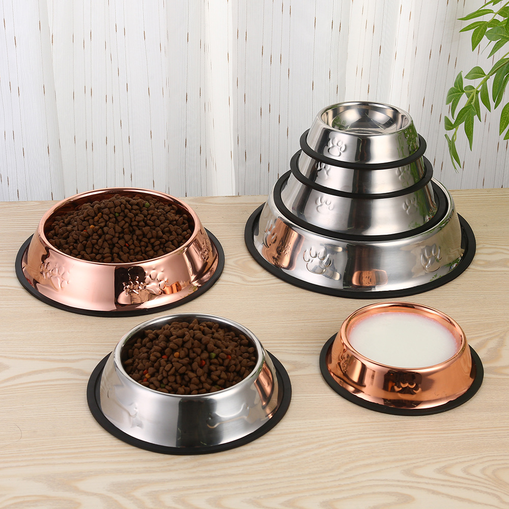 不锈钢爆款外贸饮水碗饭盆宠物脚印防滑狗中小型犬猫喂食食盆