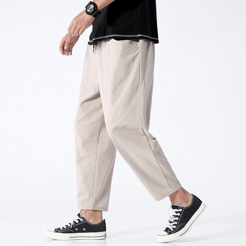 Elastic Waist 2025 Summer Casual Pants Men's Cotton Casual Straight-Leg Pants Large Size Pants Loose Pants Solid Color Nine-Point Men's Pants