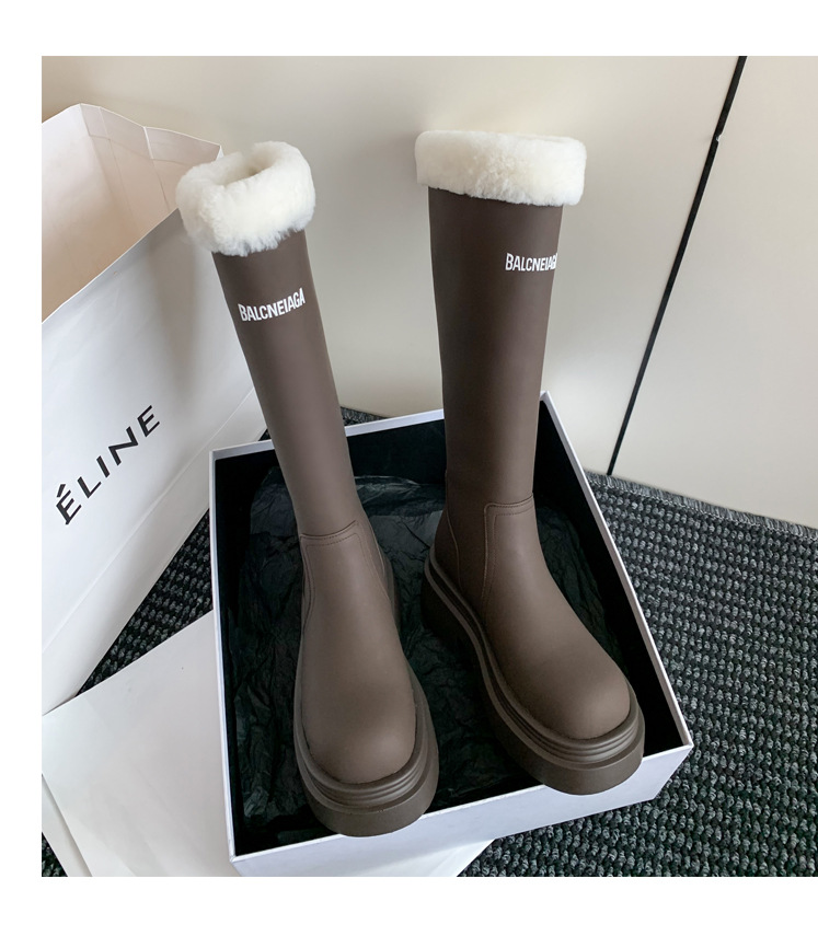 Boot nữ cổ cao lót nhung đế dày da bò giữ ấm mùa đông — Màu nâu ống lớn chi tiết 37