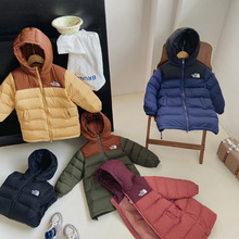 冬季新款儿童防寒服中长款男女童装绒丝过膝加厚拼色连帽外套保暖