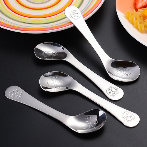 304 stainless steel baby learning eating training spoon, children's crooked mouth and elbow training spoon, creative cartoon baby spoon