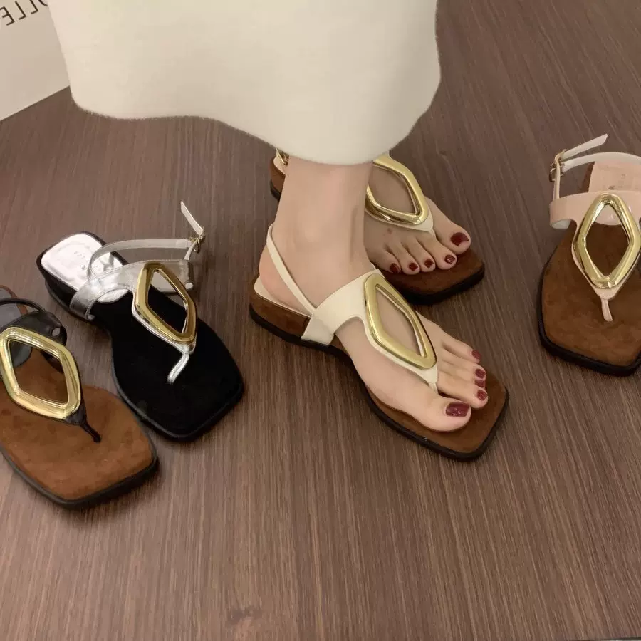 小众设计感金属扣夹趾凉鞋女夏季外穿仙女风不累脚厚底坡跟罗马鞋