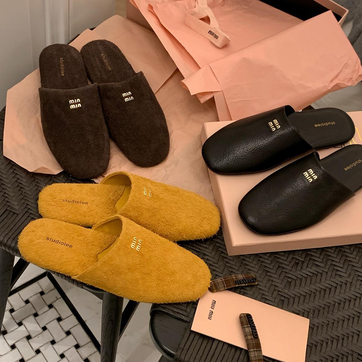 La primera capa de piel de vaca ~ la uva de la madre Miu cuero retrógrado plano perezoso zapatillas con un pie botones