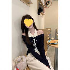 红人馆针织衫女春季穿搭2026新款露肩上衣chic韩系假两件毛衣外套