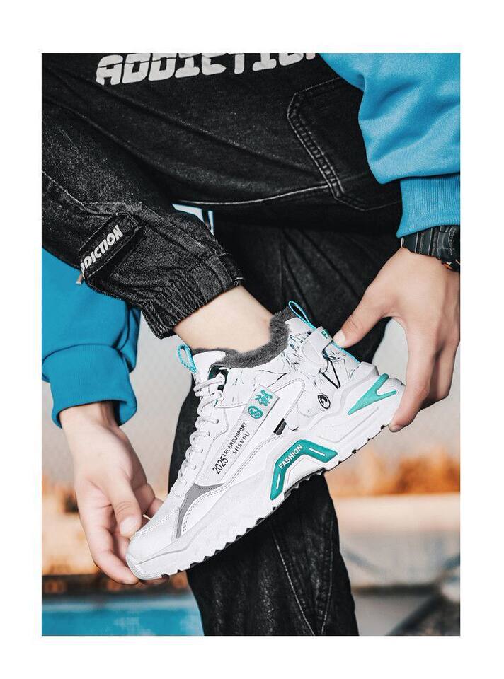 Giày nam cao cổ lót lông giữ ấm, giày thể thao casual thắt dây mũi tròn — A760-1 lót nhung trắng xanh lam, A760-1 lót nhung trắng đen chi tiết 11