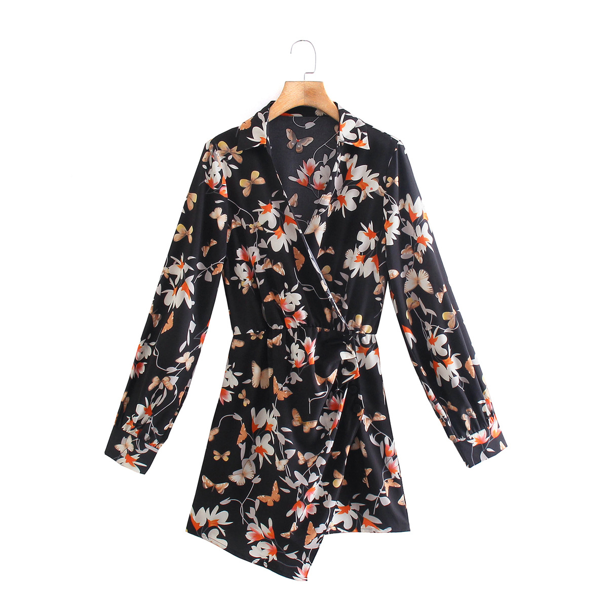 Asymmetric Print Long-Sleeved Shirt Dress NSXFL103656