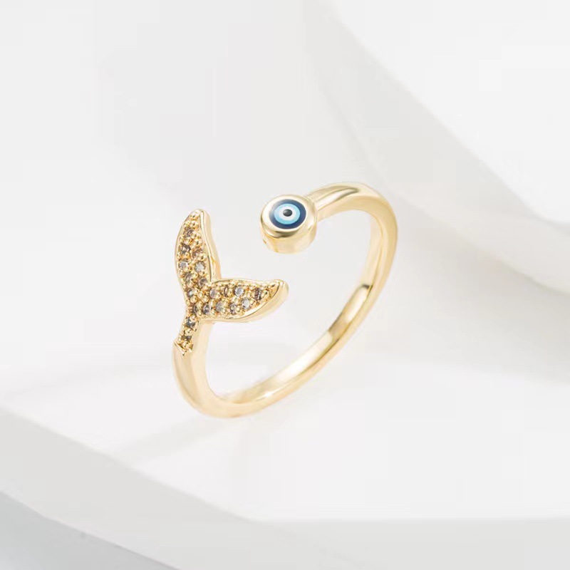 Casual Simple Style Devil's Eye Fish Tail Copper Enamel Plating Inlay Zircon Open Ring display picture 5
