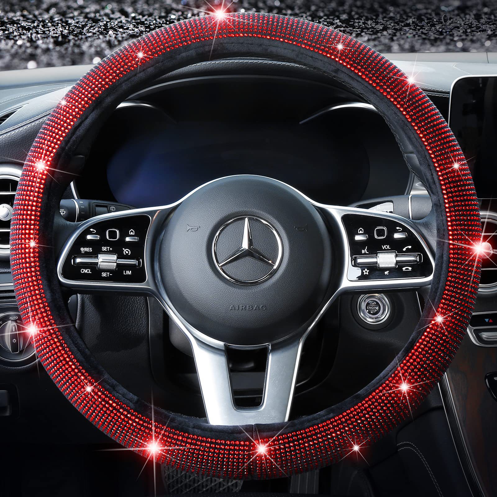 Car Steering Wheel Cover with Diamonds, No Inner Ring, Full Diamond Rhinestone Cover with Diamond Mesh, Hot-Studded Diamonds, Full Diamond Elastic Grip Cover