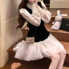 千金风法式连衣裙丝绒拼纱无袖背心裙蝴蝶结衬衫早春穿搭套装裙